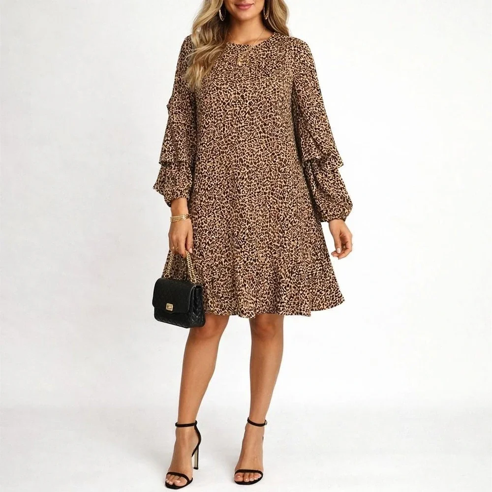 Leopard Animal Print Dress Womens Large Brown Ruffle Tiered‎ Sleeve 90s Mob Wife